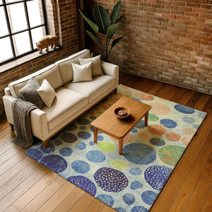 HomeRoots 8' Modern Geometric Washable Round Rug in Navy Blue, Green, and Peach with UV Protection & Stain Resistance 707446