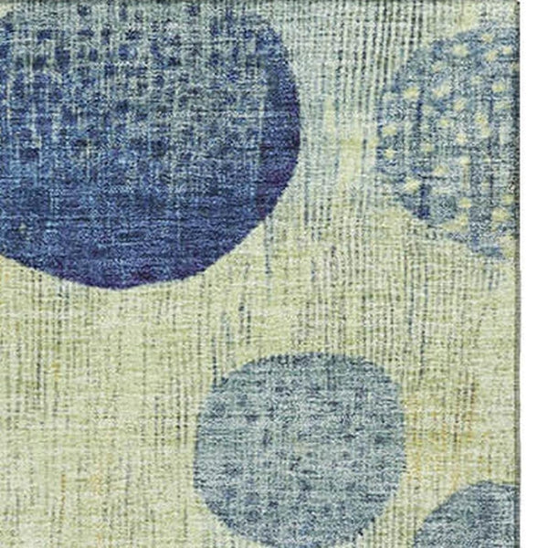 HomeRoots 8' Modern Geometric Washable Round Rug in Navy Blue, Green, and Peach with UV Protection & Stain Resistance 707446