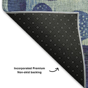 HomeRoots 8' X 10' Modern Navy Blue, Green, and Peach Geometric Area Rug - Washable, UV Protected, Stain Resistant! 707447