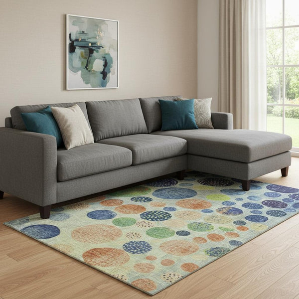 HomeRoots 9' Geometric Washable Area Rug in Navy Blue, Green & Peach - UV Protected, Durable & Easy Care! 707448