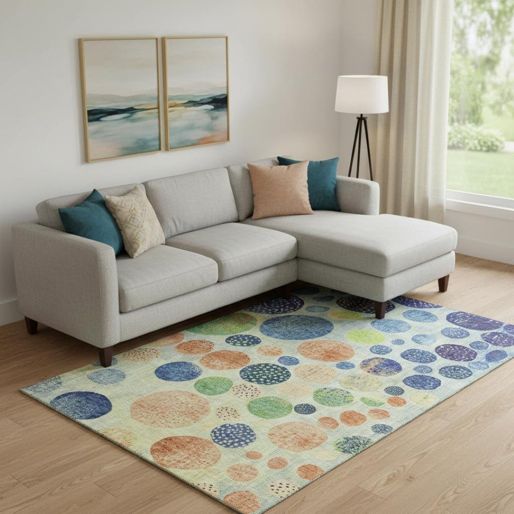 HomeRoots 10' Modern Geometric Area Rug in Navy, Green & Peach - Washable, UV-Protected, Non-Slip Design 707449