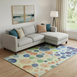 HomeRoots 10' Modern Geometric Area Rug in Navy, Green & Peach - Washable, UV-Protected, Non-Slip Design 707449