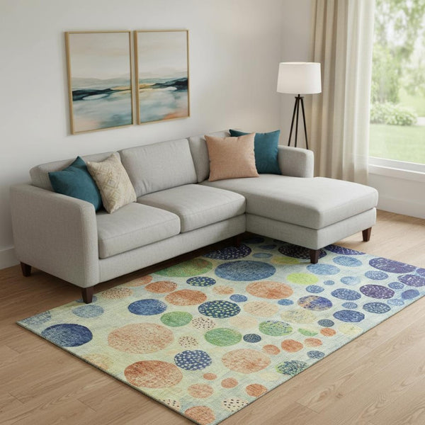 HomeRoots 10' Modern Geometric Area Rug in Navy, Green & Peach - Washable, UV-Protected, Non-Slip Design 707449