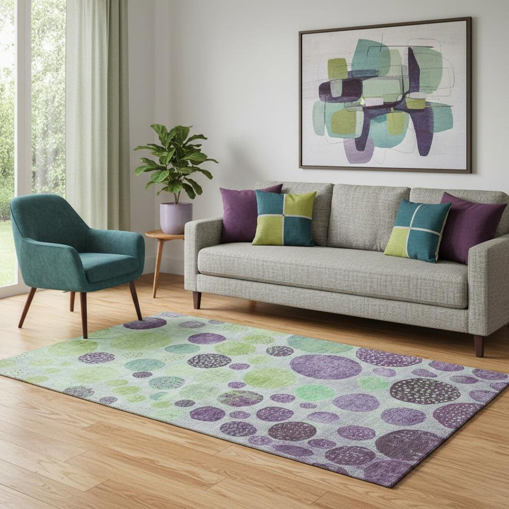 HomeRoots 8' Bold Purple and Green Geometric Washable Round Rug with UV Protection for Stylish Living Spaces 707452