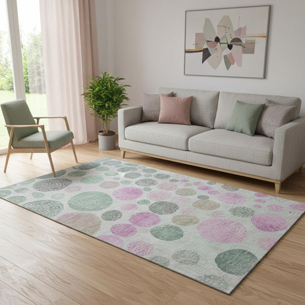 HomeRoots 8' Sage and Blush Geometric Round Rug – Washable, UV-Protected, Durable Design for All Spaces 707458