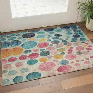 HomeRoots 5' X 8' Vibrant Teal Pink and Gold Geometric Washable Area Rug - Durable, Stain-Resistant, UV Protected! 707463