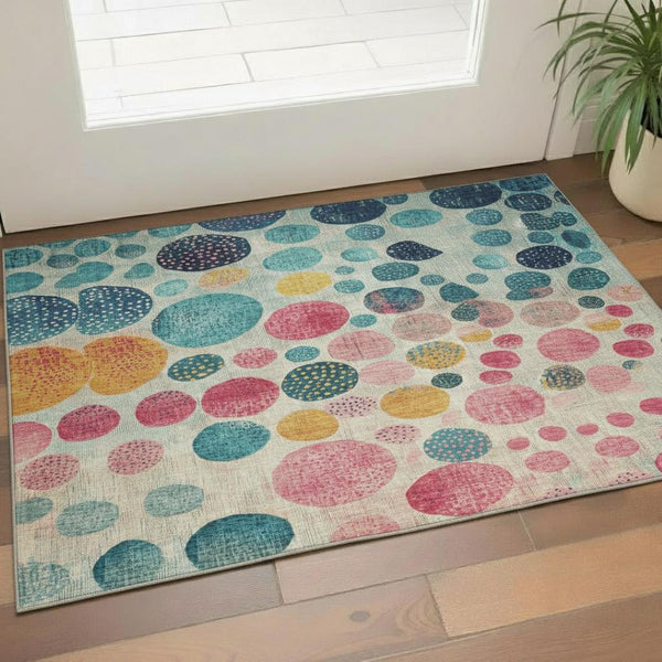 HomeRoots 5' X 8' Vibrant Teal Pink and Gold Geometric Washable Area Rug - Durable, Stain-Resistant, UV Protected! 707463