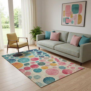 HomeRoots 8' Teal Pink & Gold Geometric Round Rug - Washable, UV Protected, Stylish Accent for Any Room 707464