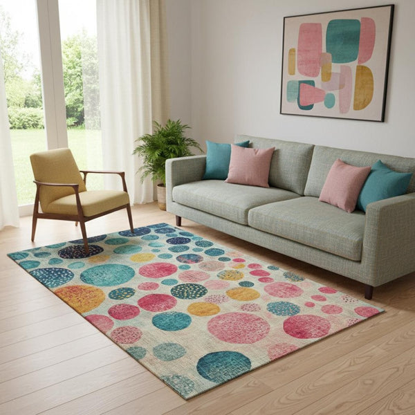 HomeRoots 8' Teal Pink & Gold Geometric Round Rug - Washable, UV Protected, Stylish Accent for Any Room 707464