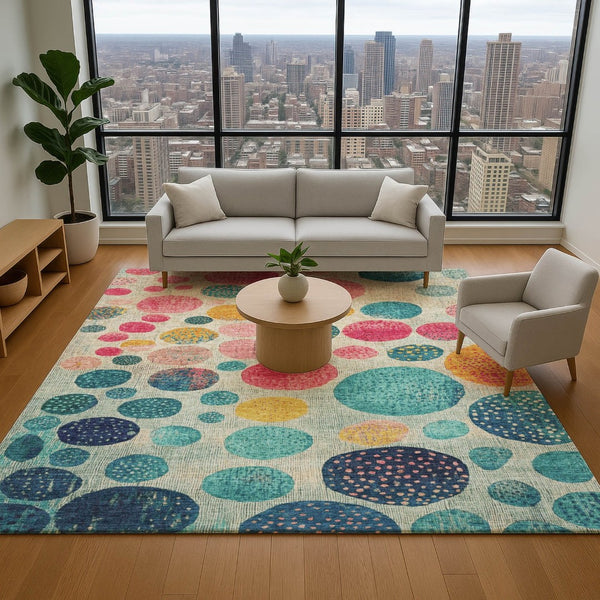HomeRoots 8' Teal Pink & Gold Geometric Round Rug - Washable, UV Protected, Stylish Accent for Any Room 707464