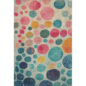 HomeRoots 8' Teal Pink & Gold Geometric Round Rug - Washable, UV Protected, Stylish Accent for Any Room 707464