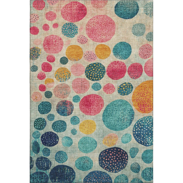 HomeRoots 8' Teal Pink & Gold Geometric Round Rug - Washable, UV Protected, Stylish Accent for Any Room 707464