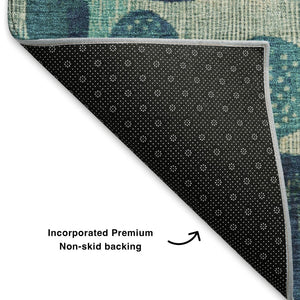 HomeRoots 8' Teal Pink & Gold Geometric Round Rug - Washable, UV Protected, Stylish Accent for Any Room 707464