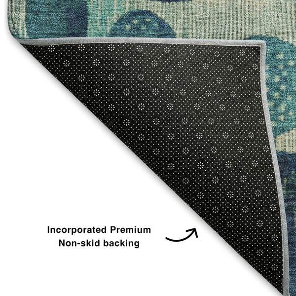 HomeRoots 8' Teal Pink & Gold Geometric Round Rug - Washable, UV Protected, Stylish Accent for Any Room 707464
