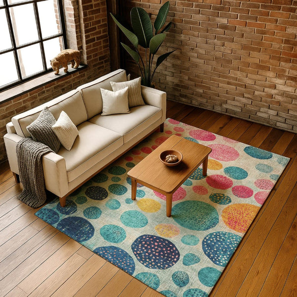 HomeRoots 8' Teal Pink & Gold Geometric Round Rug - Washable, UV Protected, Stylish Accent for Any Room 707464