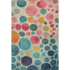 HomeRoots 8' Teal Pink & Gold Geometric Round Rug - Washable, UV Protected, Stylish Accent for Any Room 707464