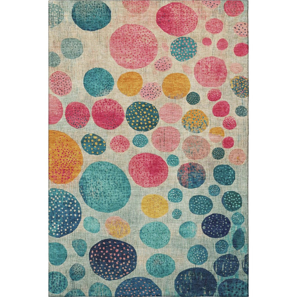 HomeRoots 8' Teal Pink & Gold Geometric Round Rug - Washable, UV Protected, Stylish Accent for Any Room 707464