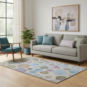 HomeRoots 8' Stylish Taupe Blue & Beige Geometric Washable Round Rug with UV Protection for Active Spaces 707470