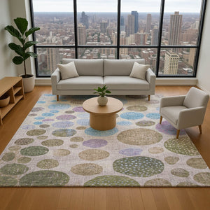 HomeRoots 8' Stylish Taupe Blue & Beige Geometric Washable Round Rug with UV Protection for Active Spaces 707470