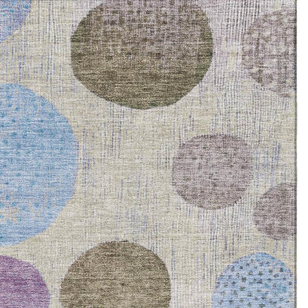 HomeRoots 8' Stylish Taupe Blue & Beige Geometric Washable Round Rug with UV Protection for Active Spaces 707470