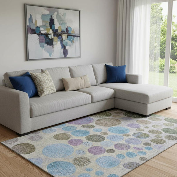 HomeRoots 9' X 12' Geometric Area Rug in Taupe, Blue & Beige - Washable, UV-Protected, Non-Slip Design! 707472
