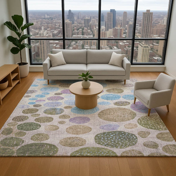 HomeRoots 9' X 12' Geometric Area Rug in Taupe, Blue & Beige - Washable, UV-Protected, Non-Slip Design! 707472