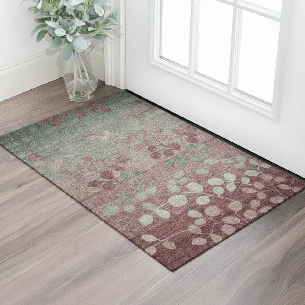 HomeRoots 5' X 8' Blush & Emerald Floral Washable Area Rug - UV Protected, Stain Resistant, Perfect for Homes! 707475