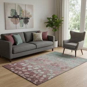 HomeRoots 8' Floral Washable Round Rug in Blush & Emerald - UV Protected, Stain Resistant, Easy Care Design 707476