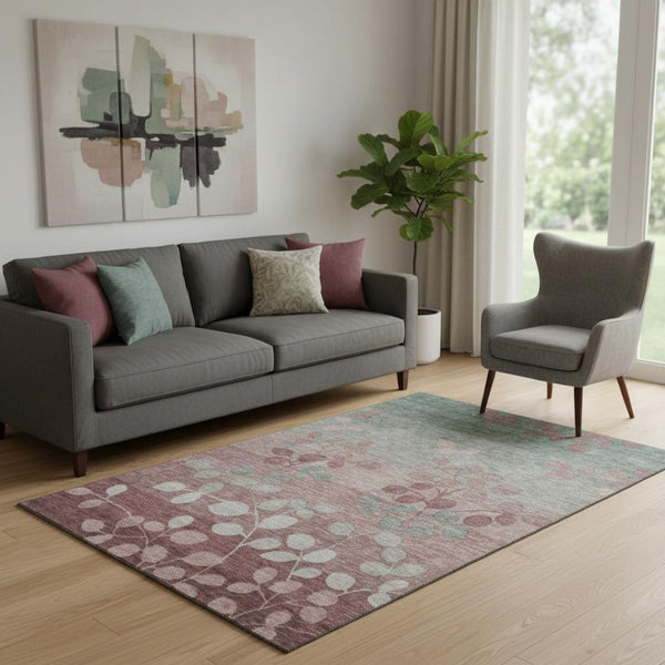 HomeRoots 8' Floral Washable Round Rug in Blush & Emerald - UV Protected, Stain Resistant, Easy Care Design 707476
