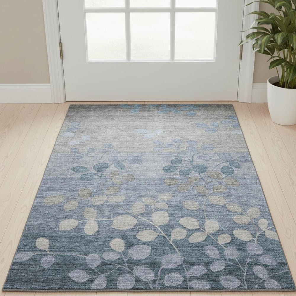 HomeRoots 5' X 8' Denim Blue Floral Area Rug - Stylish, Washable, UV Protection, Non-Slip for Busy Homes 707481