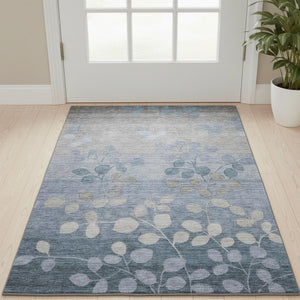 HomeRoots 5' X 8' Denim Blue Floral Area Rug - Stylish, Washable, UV Protection, Non-Slip for Busy Homes 707481