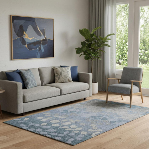 HomeRoots 8' Denim Blue & Gray Floral Round Rug - Washable, Stain-Resistant, UV Protected for Family Spaces! 707482