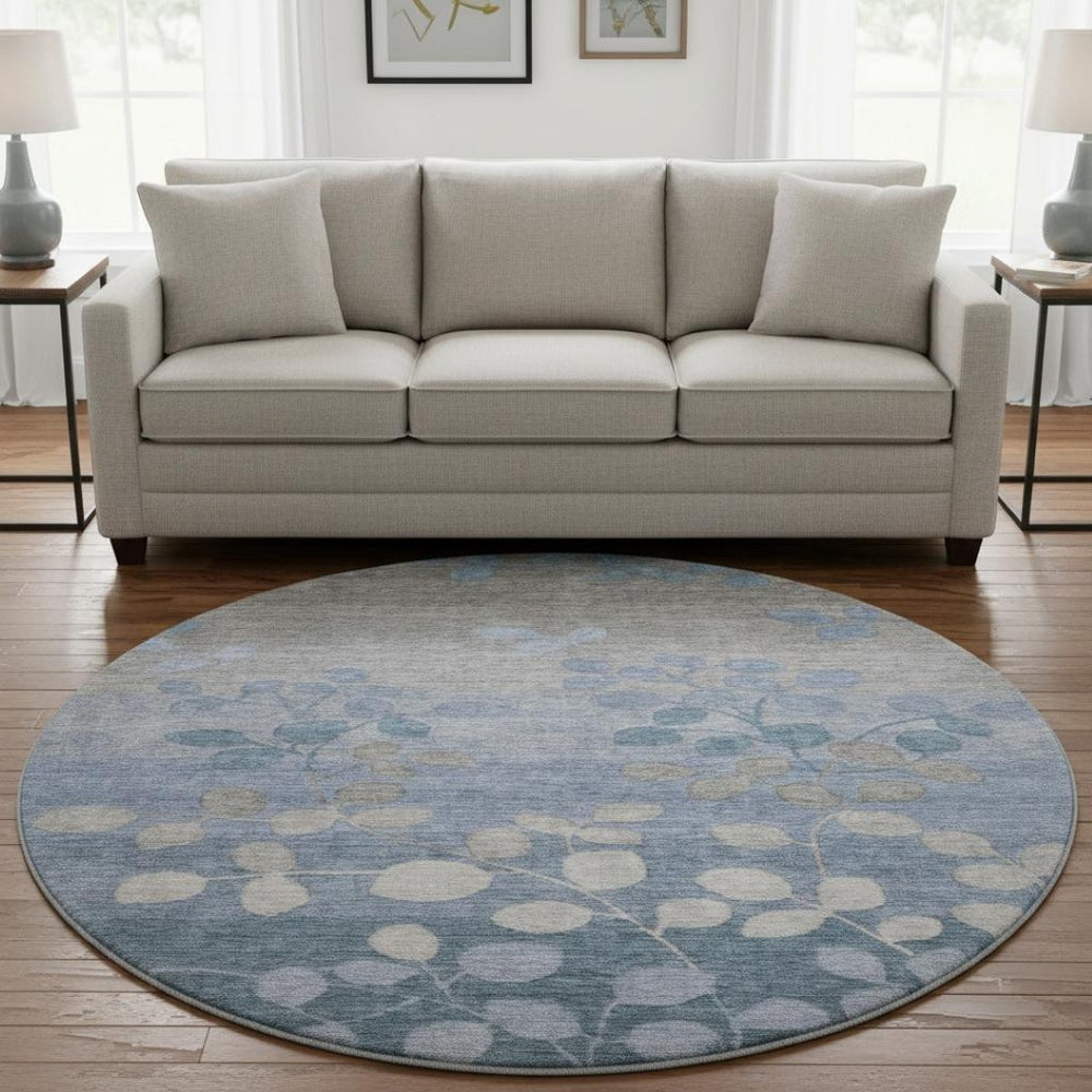 HomeRoots 8' X 10' Denim Blue Floral Area Rug - Washable, UV Protected, Stain Resistant for Family Homes 707483