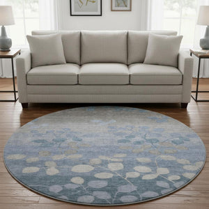 HomeRoots 8' X 10' Denim Blue Floral Area Rug - Washable, UV Protected, Stain Resistant for Family Homes 707483