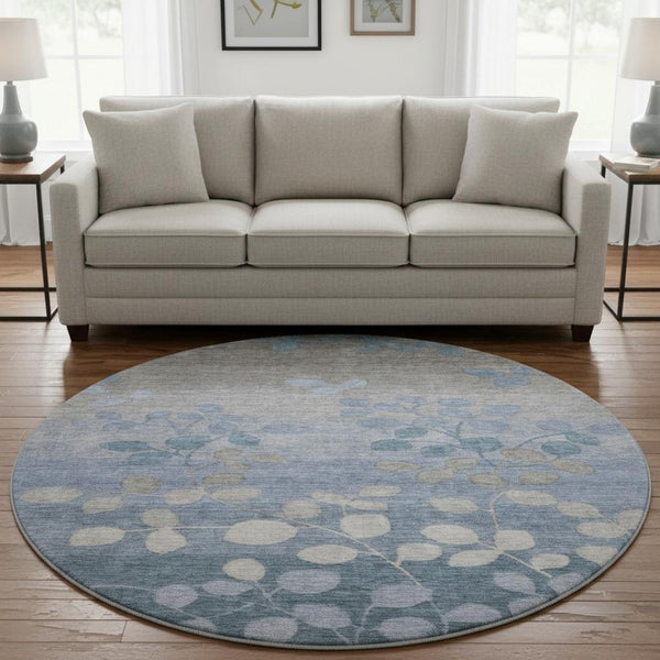 HomeRoots 8' X 10' Denim Blue Floral Area Rug - Washable, UV Protected, Stain Resistant for Family Homes 707483