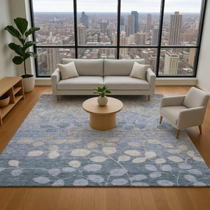 HomeRoots 9' X 12' Washable Denim Blue & Gray Floral Area Rug with UV Protection for Family-Friendly Spaces 707484