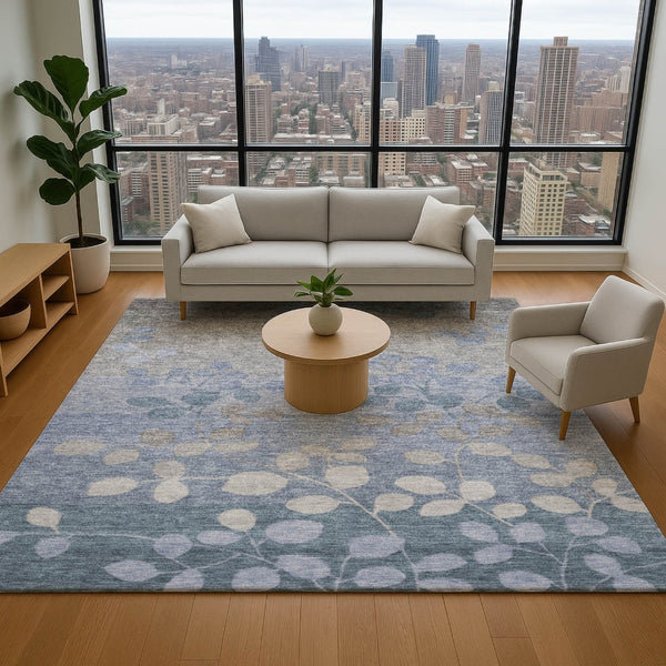 HomeRoots 9' X 12' Washable Denim Blue & Gray Floral Area Rug with UV Protection for Family-Friendly Spaces 707484