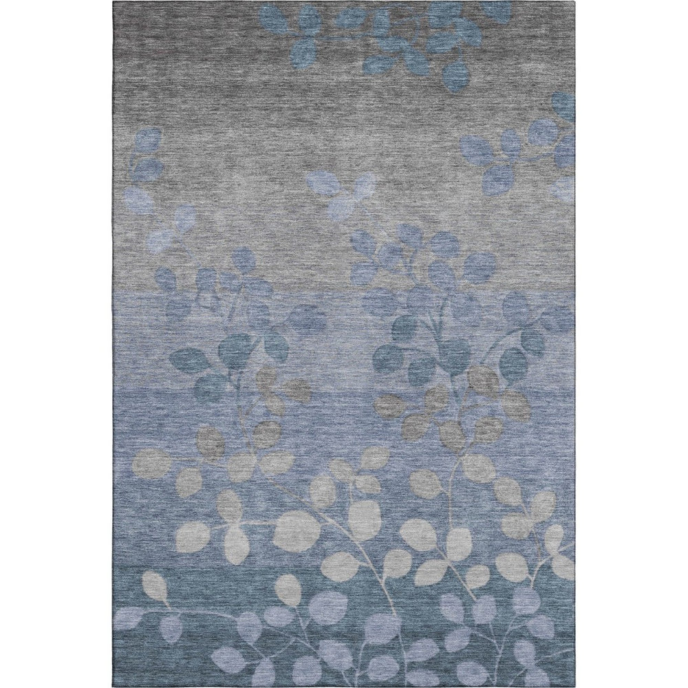 HomeRoots 9' X 12' Washable Denim Blue & Gray Floral Area Rug with UV Protection for Family-Friendly Spaces 707484