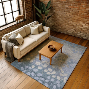 HomeRoots 9' X 12' Washable Denim Blue & Gray Floral Area Rug with UV Protection for Family-Friendly Spaces 707484