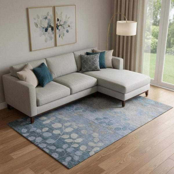 HomeRoots 10' Denim Blue & Gray Floral Washable Area Rug with UV Protection for Busy Homes & Stylish Decor 707485