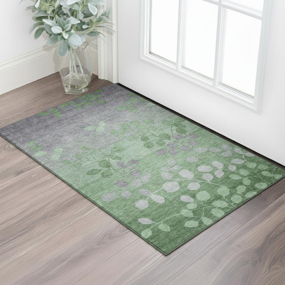 HomeRoots 5' X 8' Floral Area Rug in Green and Gray - Washable, UV-Protected, Stain-Resistant & Non-Slip! 707487