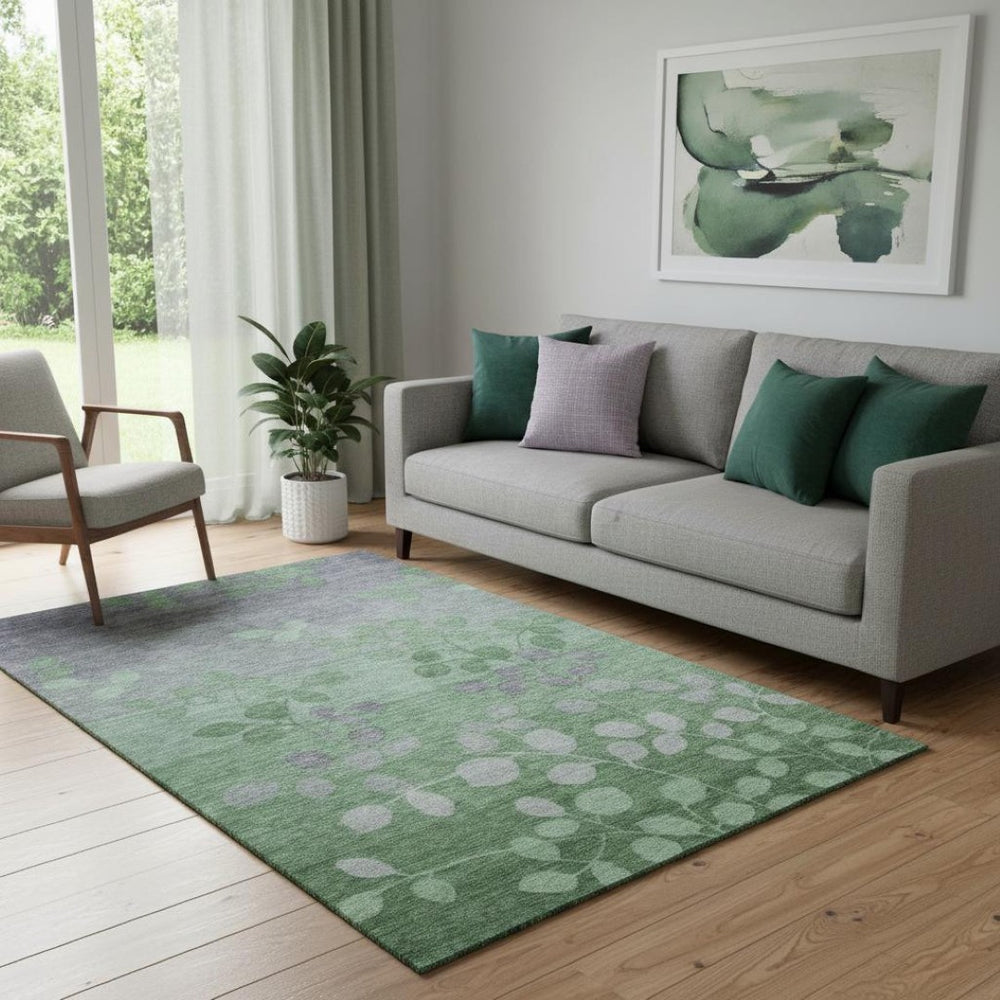HomeRoots 8' Green and Gray Floral Washable Round Rug - UV-Protected, Durable, Stylish for Family Spaces 707488