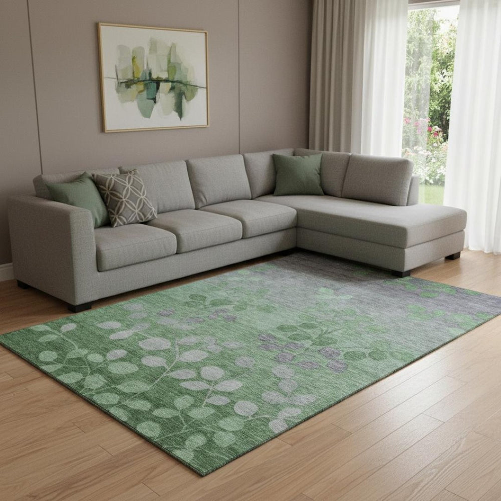 HomeRoots 9' X 12' Green and Gray Floral Area Rug - Washable, UV Protected, Stain Resistant for Busy Homes 707490