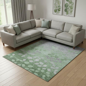 HomeRoots 10' X 14' Green and Gray Floral Area Rug - Durable, Washable, Non-Slip with UV Protection for Homes 707491
