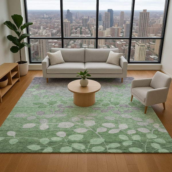 HomeRoots 10' X 14' Green and Gray Floral Area Rug - Durable, Washable, Non-Slip with UV Protection for Homes 707491