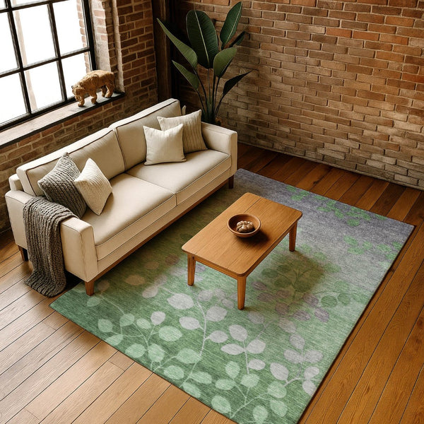 HomeRoots 10' X 14' Green and Gray Floral Area Rug - Durable, Washable, Non-Slip with UV Protection for Homes 707491