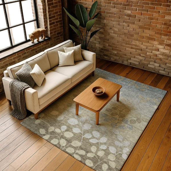 HomeRoots 10' Khaki and Gray Floral Area Rug - Washable, UV Protected, Stain Resistant for High-Traffic Areas 707497