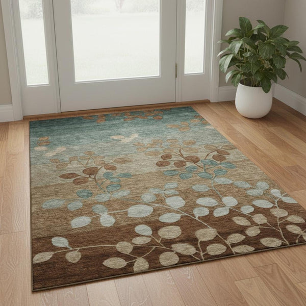 HomeRoots 5' X 8' Coffee And Gray Floral Area Rug - Durable, Washable, UV-Protected, Kid & Pet Friendly Design! 707499