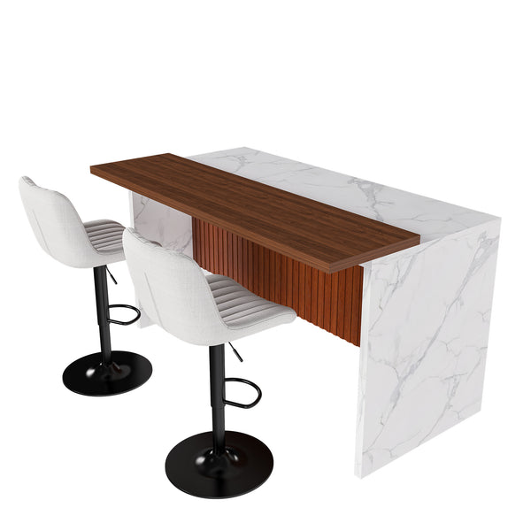 English Elm 63" Modern Kitchen Island Set With 2 Beige Bar Stools, White Marble Look, Led Lighting & Grill Design W2699S00074