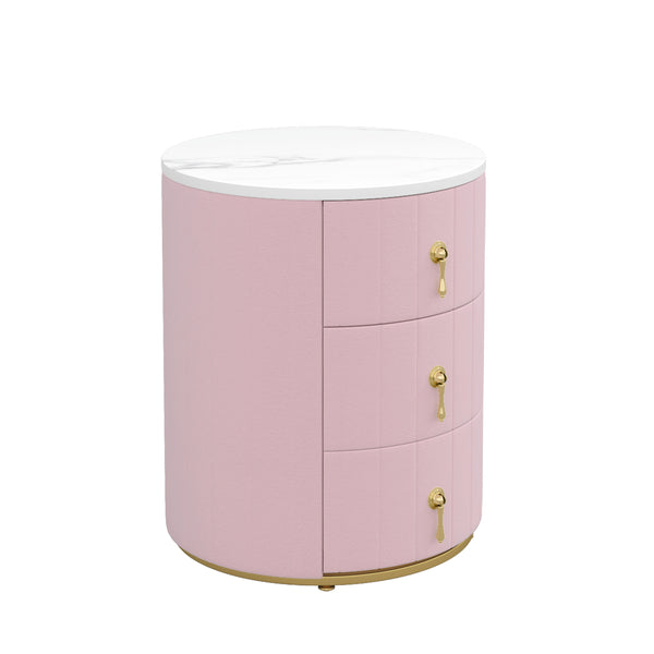 English Elm 2 Upholstered Nightstand Set with 3 Drawers, Round Velvet Bedside Table, Marble Top & Metal Handles Pink 24 L x 19.5 W x 18.89 H N733S272609H